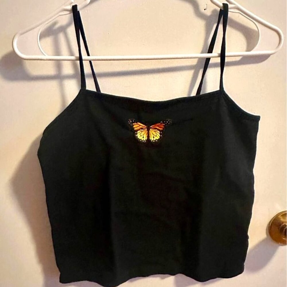 Basic Black Tank Top with Butterfly Patch---Medium--174
